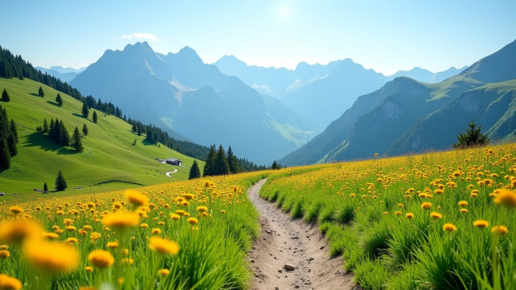 Mountain trail winding through alpine meadow with wildflowers, distant mountain peaks, clear marked path, scenic landscape photography