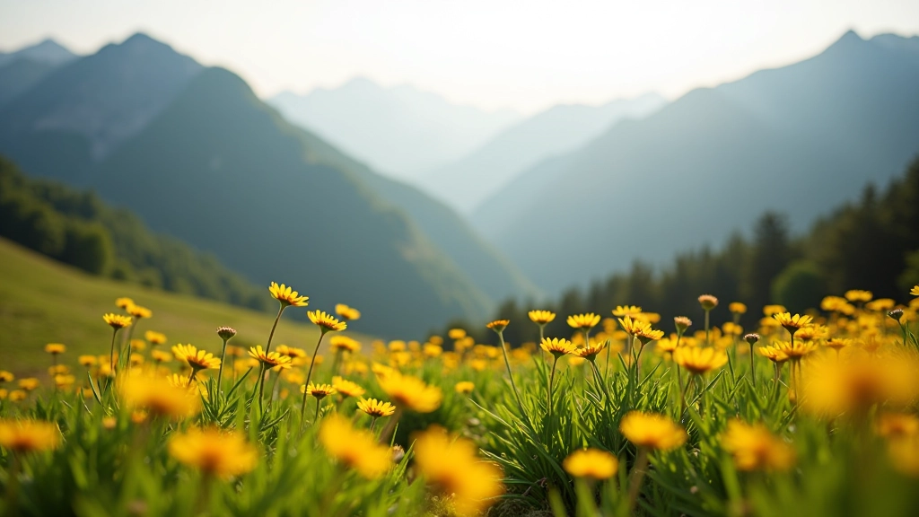 Alpine meadow with wildflowers and distant mountain ridges in morning light