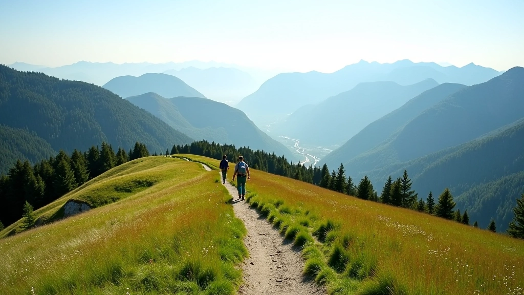 Beskydy ridge hiking route with scenic panoramic views, gentle uphill mountain walk with grass meadows and distant mountain ranges, ideal for senior trekkers