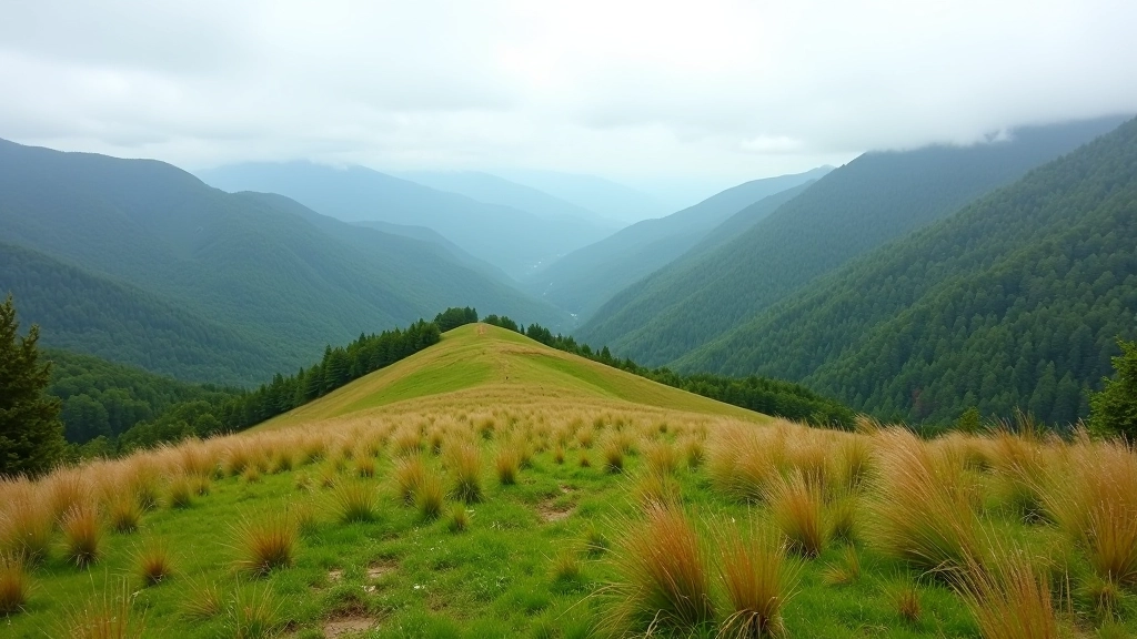 Gentle grassy ridge with sparse vegetation, expansive views of forested valleys below, clear blue sky