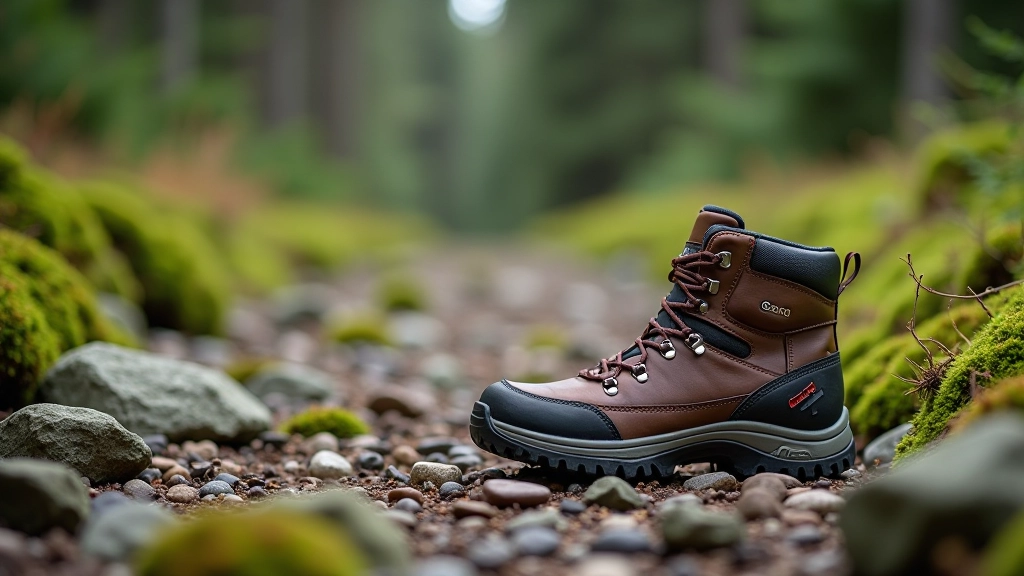 Close-up of hiking boot on rocky mountain trail with moss and green vegetation visible
