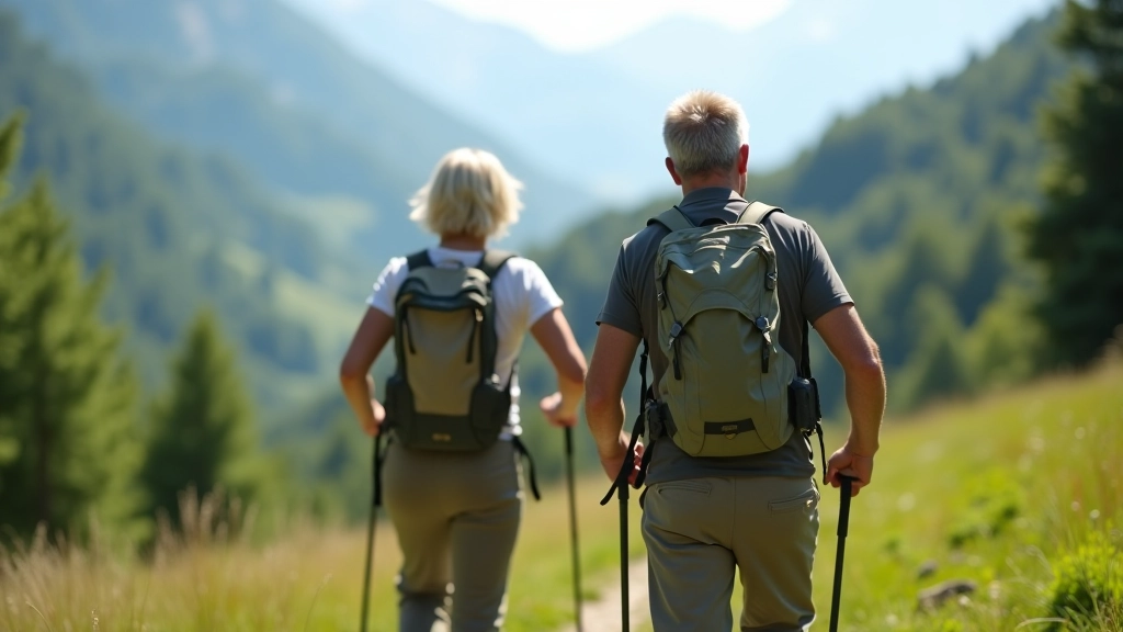 Active seniors hiking together on a mountain trail with beautiful valley landscape in background