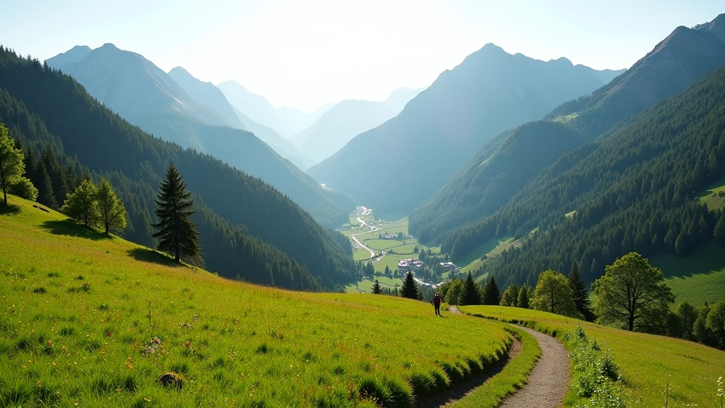 Mountain valley with green slopes and rocky peaks in morning light, hiking trail visible below