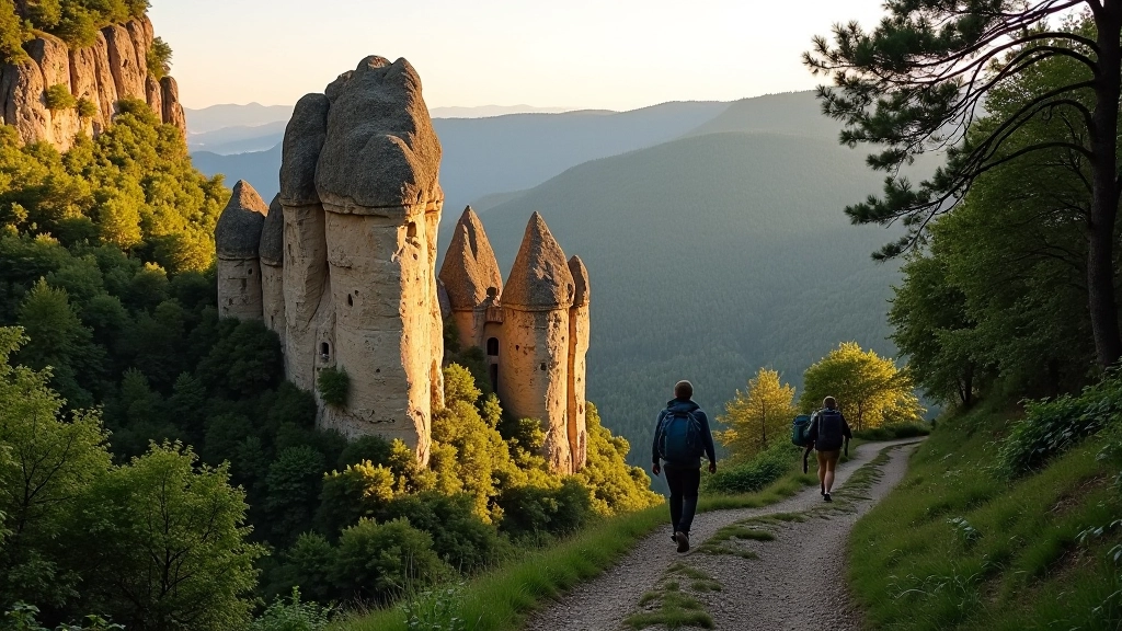 Sandstone rock formations rising from forest, weathered towers and natural gates between trees