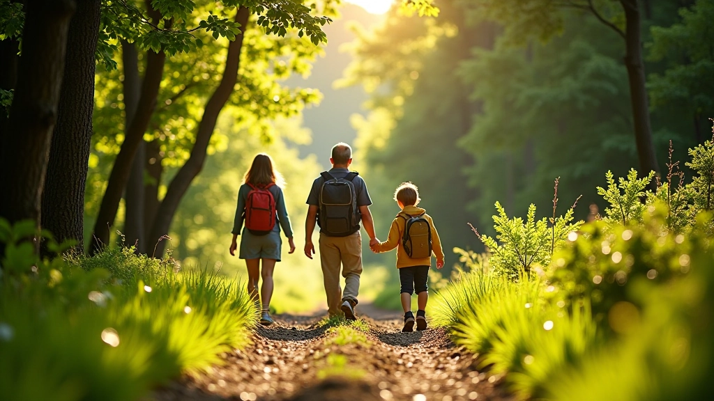 Family hiking on gentle mountain trail with children and parents walking together