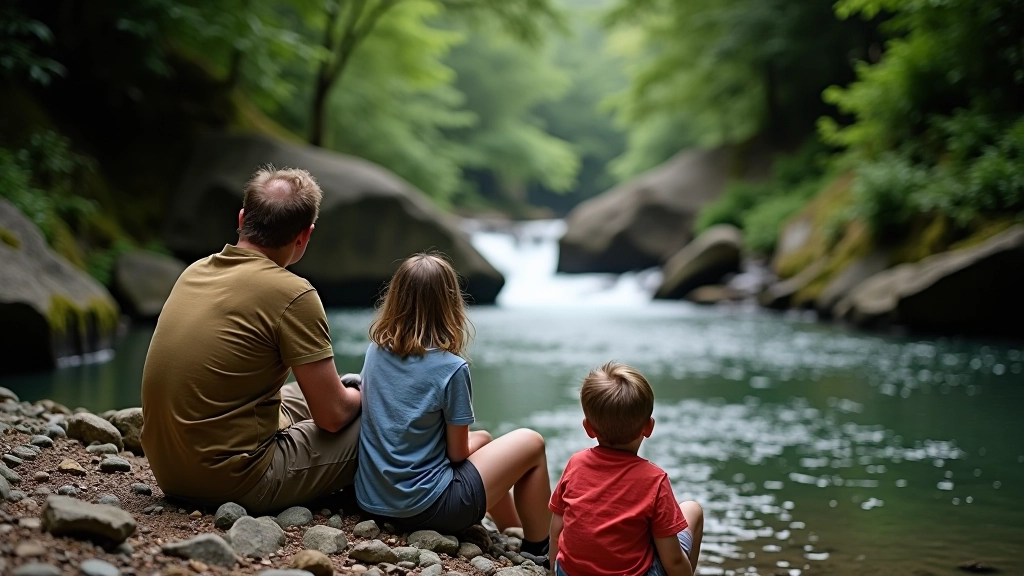 Family resting by a waterfall in forested mountain valley, sitting on rocks near flowing water