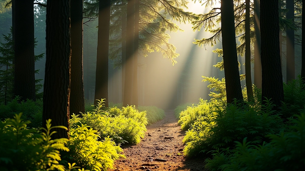 Forest trail with golden light filtering through tall trees, hiking path ahead