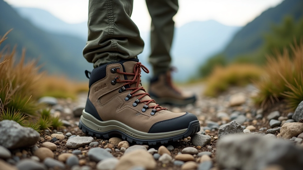 Hiking boots on rocky mountain trail with valley landscape stretching below