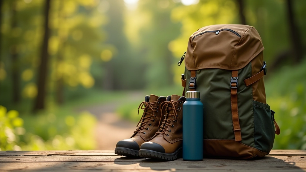 Hiking backpack with boots and water bottle arranged on wooden table, outdoor setting