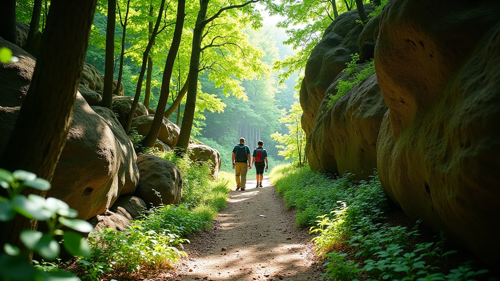 Hiking path winding through forest valley between tall sandstone formations, green trees lining the trail, dappled sunlight filtering through canopy