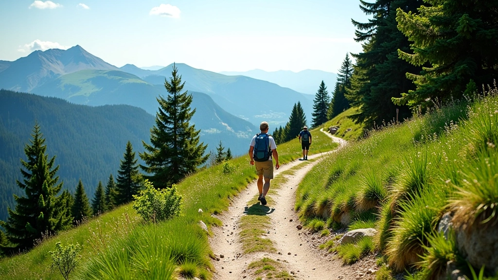 Scenic hiking trail through Krkonoše Mountains with gentle elevation, forest path and mountain vista in distance, suitable for beginner hikers aged 45 plus