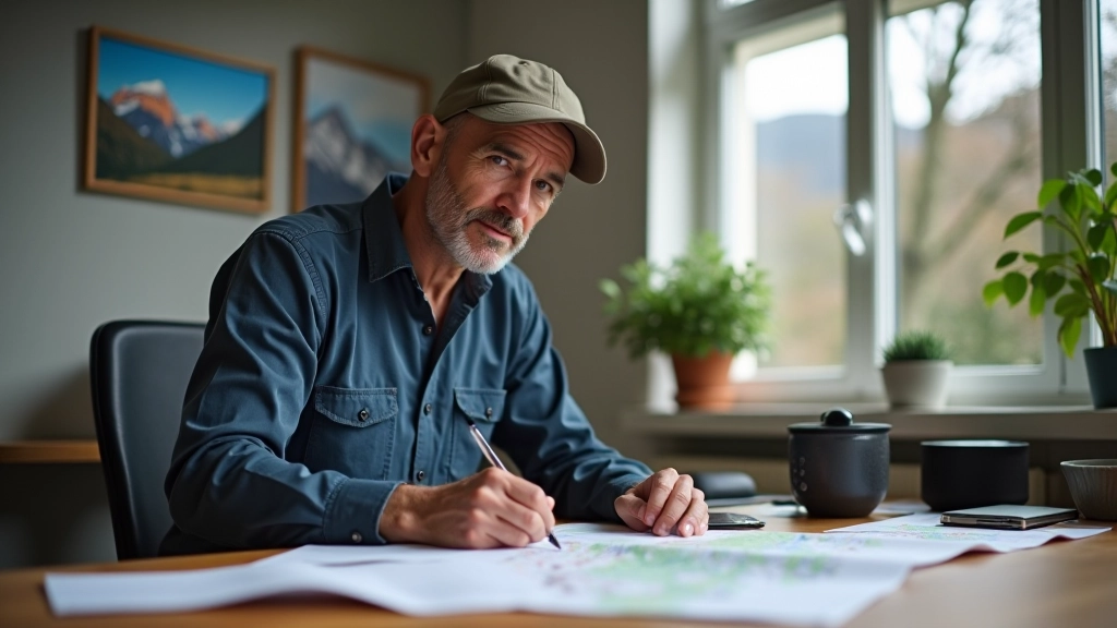 Martin Svoboda working at desk with topographic maps, hiking route documentation, and mountain photography in professional office workspace