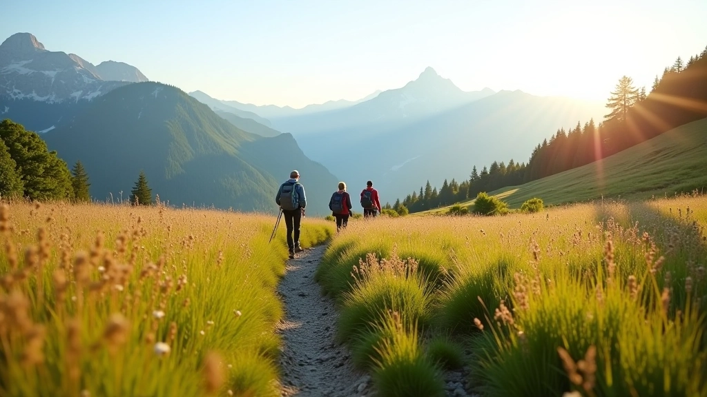 Hiking trail winding through mountain meadow with distant peaks visible on horizon, afternoon light
