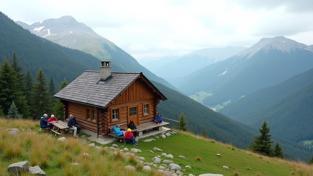 Mountain hut refuge building on hillside with hikers resting, stone structure, outdoor seating area, forested mountains background