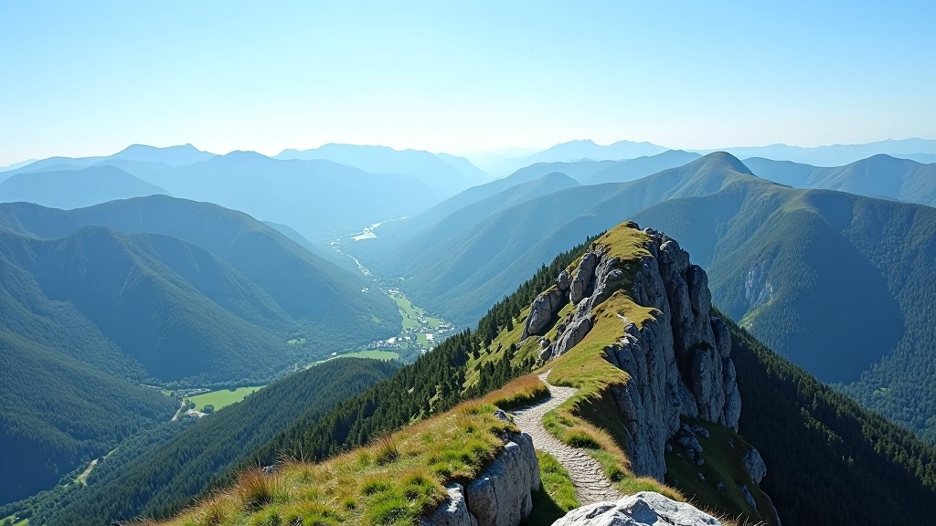Rocky mountain peak with green valleys below and clear blue sky