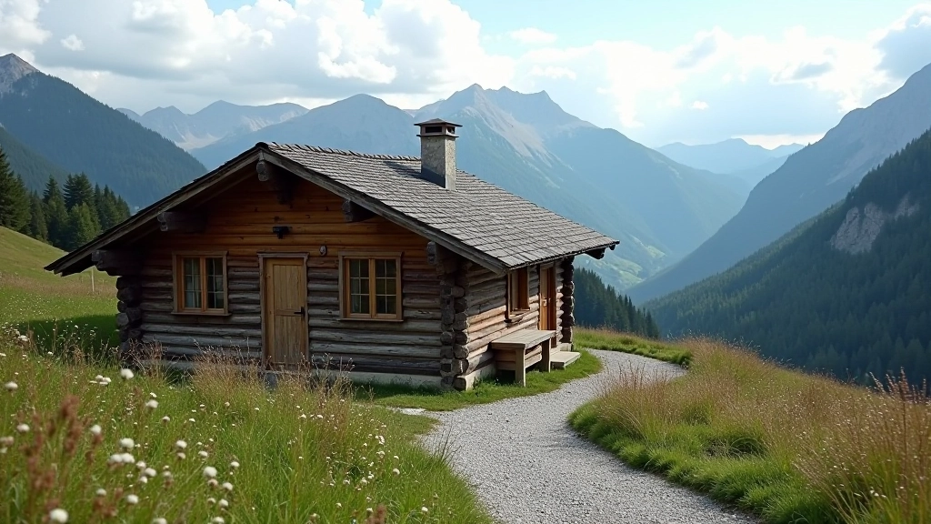 Historic mountain shelter building with wooden architecture and mountain views