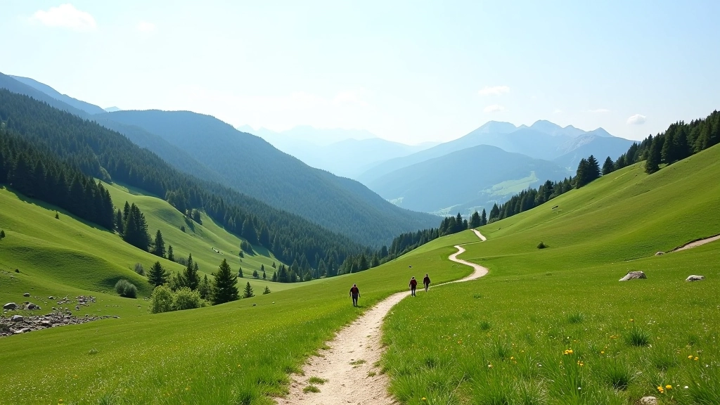 Mountain valley with winding hiking trail through green slopes and distant forest ridges