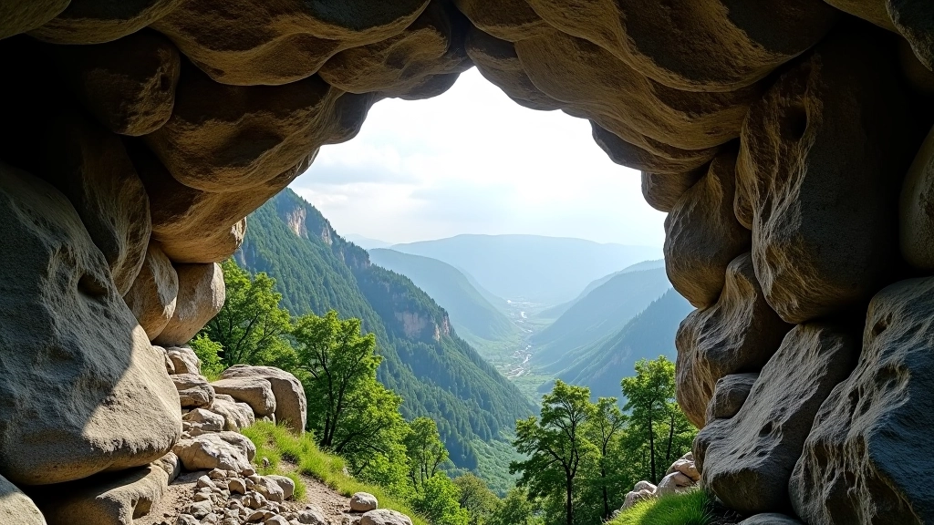 Stone archway or natural rock formation framing a valley view beyond