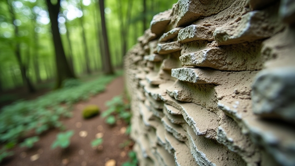 Close-up of weathered sandstone rock formation with natural textures and striations, forest vegetation surrounding the base